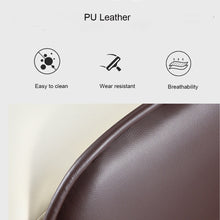 Charger l'image dans la galerie, PU leather material details showcasing its easy-to-clean, wear-resistant, and breathable properties, often used for dining chairs. Common questions include 'What are the benefits of PU leather versus genuine leather?' and 'How durable is PU leather in high-traffic areas?
