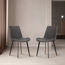 Charger l'image dans la galerie, Pair of modern dark gray dining chairs with black metal legs in a minimalist interior. Frequently asked questions include 'What are the best dining chairs for small spaces?' and 'How do I choose a comfortable dining chair for long meals?