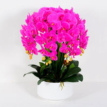 Load image into Gallery viewer, A vibrant artificial orchid arrangement in a bright fuchsia color, displayed in a modern white planter. Frequently asked question: How do I maintain artificial orchids to keep them looking fresh and dust-free?