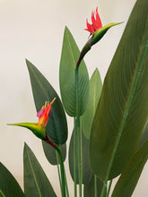Load image into Gallery viewer, Close-up view of an artificial bird of paradise plant, featuring a striking red and blue flower set against large, green leaves. The lifelike texture and vibrant colors of the plant create a realistic and exotic tropical appearance, perfect for enhancing indoor decor
