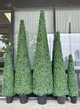 Charger l'image dans la galerie, A group of tall, artificial topiaries in the shape of cones are lined up in front of a large window. The topiaries vary in height, creating a staggered arrangement. Each topiary is potted in a black planter, and the dense, leafy texture of the greenery contrasts with the smooth glass surface of the window behind them.