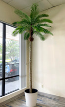 Load image into Gallery viewer, Artificial palm tree in a large, white textured planter, placed in a bright office space by the window, bringing tropical vibes and greenery to the indoor setting.