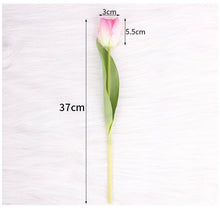 Load image into Gallery viewer, A single artificial tulip stem measuring 37 cm in height, with a flower head width of 3 cm and a height of 5.5 cm. How do I choose the best artificial flower stems for arrangements?
