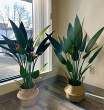 Load image into Gallery viewer, Two artificial bird of paradise plants with tall, green leaves and vibrant orange and red flowers, placed in woven baskets, positioned near a window with natural light streaming in, creating a serene indoor setting.