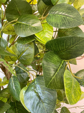 Load image into Gallery viewer, Close-up view of artificial plant leaves showcasing detailed green foliage with natural-looking veining, in an indoor setting.