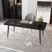 Charger l'image dans la galerie, What is the best modern desk for a home office? This elegant black desk with slim legs and gold accents is perfect for a minimalist home office. The desk is paired with a houndstooth-patterned chair and features a clean, organized setup with a laptop and decor. The contemporary design adds both style and functionality to the workspace.