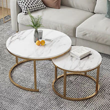 Load image into Gallery viewer, Stylish round marble coffee tables with gold metal frames, featuring a nested design for modern living room setups. Common inquiries include 'What are the benefits of nesting coffee tables?' and 'How to clean and maintain a marble coffee table?