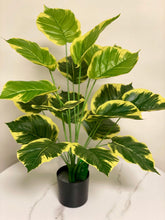 Load image into Gallery viewer, Vibrant yellow and green artificial leaves arrangement in a black pot, ideal for brightening indoor spaces.