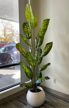 Load image into Gallery viewer, A tall, lush artificial plant with broad green leaves featuring yellow variegation is elegantly placed in a sleek, round white pot. Positioned next to a cozy white armchair, this setup adds a fresh and vibrant touch to the room's decor.