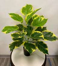 Load image into Gallery viewer, Vibrant yellow and green artificial leaves arrangement in a black pot, ideal for brightening indoor spaces.