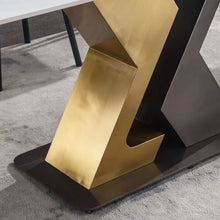 Charger l'image dans la galerie, Close-up of a dining table base showcasing a modern geometric design with a combination of gold and black finishes, providing a stylish and contemporary look for dining areas