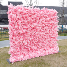 Charger l'image dans la galerie, Large pink artificial flower wall backdrop set up outdoors, commonly used for events like weddings, parties, and photoshoots. Is this flower wall backdrop weather-resistant? How easy is it to assemble and transport? Can it be customized in other colors?