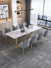 Load image into Gallery viewer, Spacious conference room setup with a marble table featuring gold legs and gray velvet chairs, suitable for office meetings or collaborative workspaces. Frequently searched questions include ‘What are the benefits of marble conference tables?’ and ‘How durable are velvet chairs in an office environment?