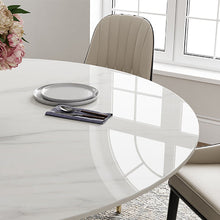 Charger l'image dans la galerie, Modern white round dining table with curved base, pendant lamp, placemat, and table setting against bright window for enhanced glossy look