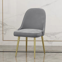 Load image into Gallery viewer, A contemporary gray velvet dining chair with gold legs, designed to add a touch of elegance to any modern dining room. Popular questions include ‘Are velvet dining chairs durable?’ and ‘What type of chairs are best for modern minimalistic interiors?