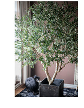Charger l'image dans la galerie, Elegant faux olive tree with dense green foliage, placed in a stylish black planter, set against a cozy living space with a unique black decorative figure in the background.