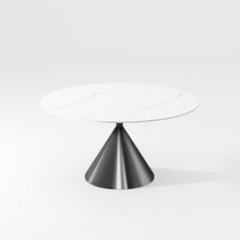 Load image into Gallery viewer, Modern round dining table with a sleek white top and a conical brushed metal base, providing a stylish and minimalist design for contemporary spaces.