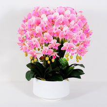Load image into Gallery viewer, A lush arrangement of artificial pink orchids with yellow buds in a simple white pot, featuring vibrant green leaves and small succulents. What are the best tips for maintaining artificial flowers to keep them looking fresh?
