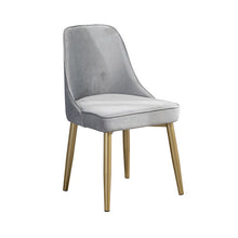 Load image into Gallery viewer, A modern gray velvet dining chair with sleek gold metal legs, offering a blend of luxury and comfort. Common questions for this style of chair include ‘What are the best materials for easy-to-clean dining chairs?’ and ‘How do velvet dining chairs hold up to daily use?