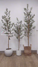 Load and play video in Gallery viewer, Three artificial olive trees of varying heights are displayed indoors, each in a different container—one in a round white pot, one in a cylindrical white pot, and the third in a woven basket.