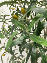 Charger l'image dans la galerie, Close-up view of the artificial olive tree's leaves and small dark olives, showing the detailed texture and realistic design of the foliage against a neutral background.