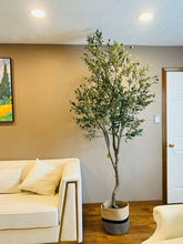 Charger l'image dans la galerie, big fake olive trees. A cozy living room featuring a tall artificial olive tree in a stylish woven basket planter, placed next to a cream-colored modern sofa against a warm beige wall