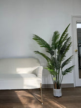 Charger l'image dans la galerie, Artificial palm tree placed next to a cream armchair in a well-lit corner of a living room.
