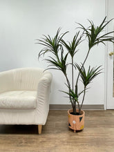 Charger l'image dans la galerie, Artificial yucca tree in a brown planter placed against a white wall and wooden floor next to a white sofa, perfect for indoor home or office decor