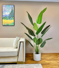 Load image into Gallery viewer, A tall artificial bird of paradise plant in a sleek white planter is placed on a hardwood floor next to a modern cream-colored sofa with gold accents. The plant's large, vibrant green leaves create a striking contrast against the neutral beige wall. A colorful framed painting depicting a scenic landscape adds a touch of artful elegance to the space.