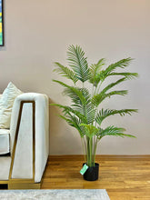 Charger l'image dans la galerie, Elegant living room setting featuring a lush green palm plant in a black pot beside a modern white sofa with gold accents.