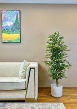 Charger l'image dans la galerie, An elegant indoor setting featuring a sleek white couch and a vibrant green potted plant, complemented by a colorful landscape painting on the wall.