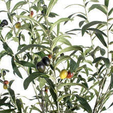 Charger l'image dans la galerie, artificial plants with delivery. Close-up view of the artificial olive tree's leaves and small dark olives, showing the detailed texture and realistic design of the foliage against a neutral background