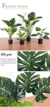 Load image into Gallery viewer, Collection of artificial monstera plants in various sizes, displayed in black pots on a wooden surface. The image highlights the realistic design and intricate details of the leaves, showcasing their natural texture and vibrant green color. Perfect for adding a touch of nature to any interior space