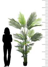 Charger l'image dans la galerie, Tall artificial palm tree with lush green leaves, displayed next to a silhouette for scale, showing its impressive height and fullness.