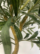 Load image into Gallery viewer, Close-up of artificial olive tree leaves, showcasing the detailed veining and texture of the green foliage, with a few black olives visible in the background