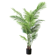 Charger l'image dans la galerie, Artificial palm tree in a black pot with realistic green leaves and multiple stems, designed to resemble a natural palm plant.