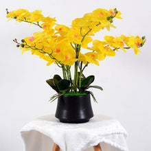 Load image into Gallery viewer, Elegant arrangement of artificial yellow orchids in a sleek black pot. The vibrant yellow flowers cascade gracefully, complemented by lush green leaves, making it a perfect decorative piece for adding a pop of color to any space