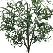 Load image into Gallery viewer, Close-up view of the artificial olive tree's leaves and small dark olives, showing the detailed texture and realistic design of the foliage against a neutral background.