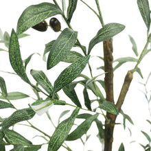 Load image into Gallery viewer, Close-up view of the artificial olive tree's leaves and small dark olives, showing the detailed texture and realistic design of the foliage against a neutral background.