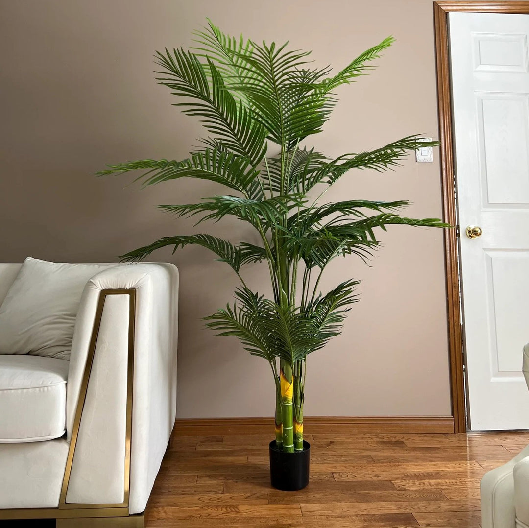 A large artificial plant in the living room.