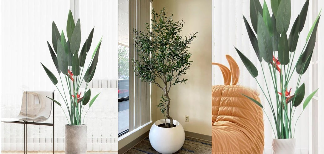 artificial bird of paradise and artificial olive tree
