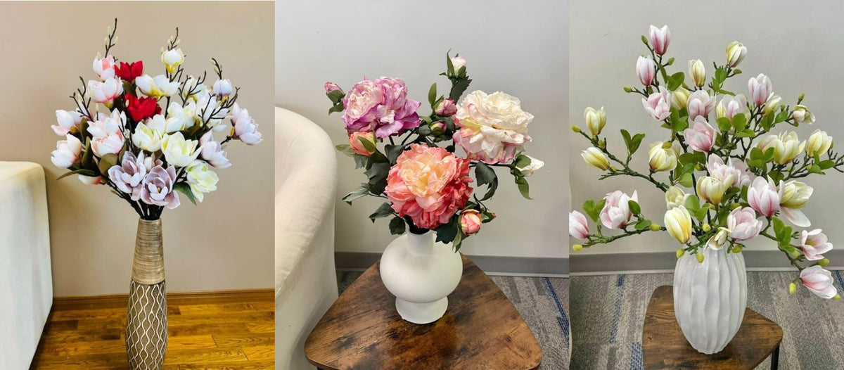 a variety of artificial flower arrangements