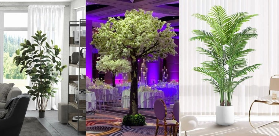 various artificial plants including Faux ferns cherry blossom and faux greenery