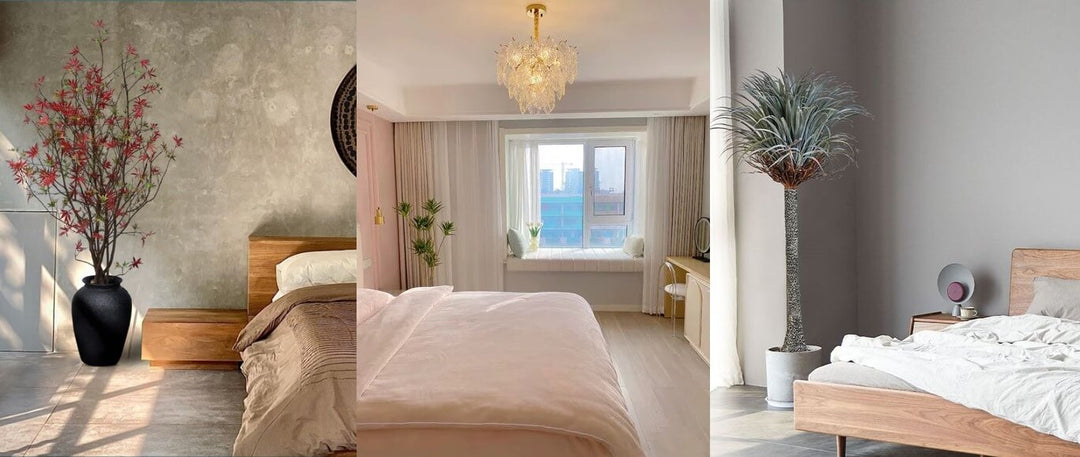 a variety of artificial plants in the bedroom