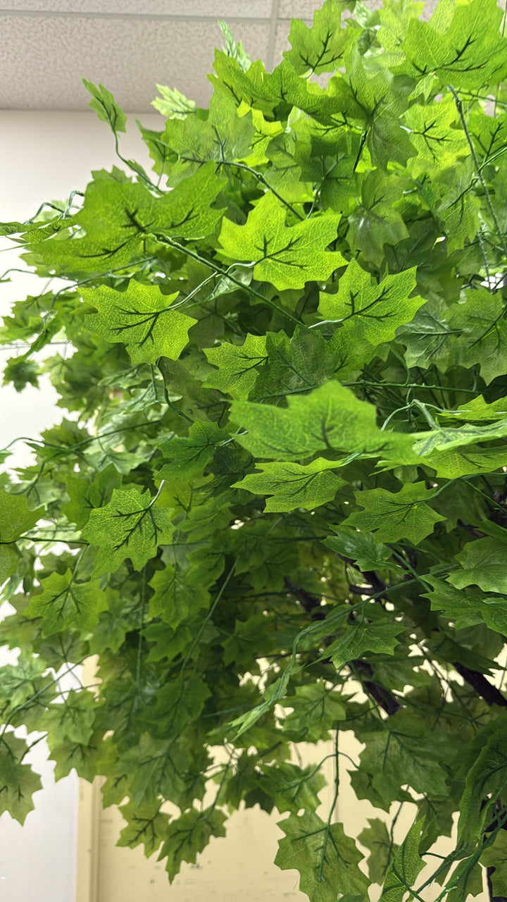 Close-up of vibrant green leaves of artificial green maple tree.