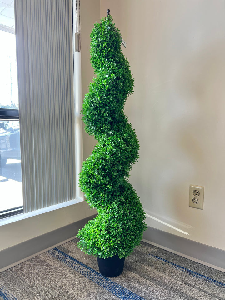 artificial spiral topiary in a sleek black pot, perfect for adding a touch of greenery and sophistication to indoor or outdoor spaces.