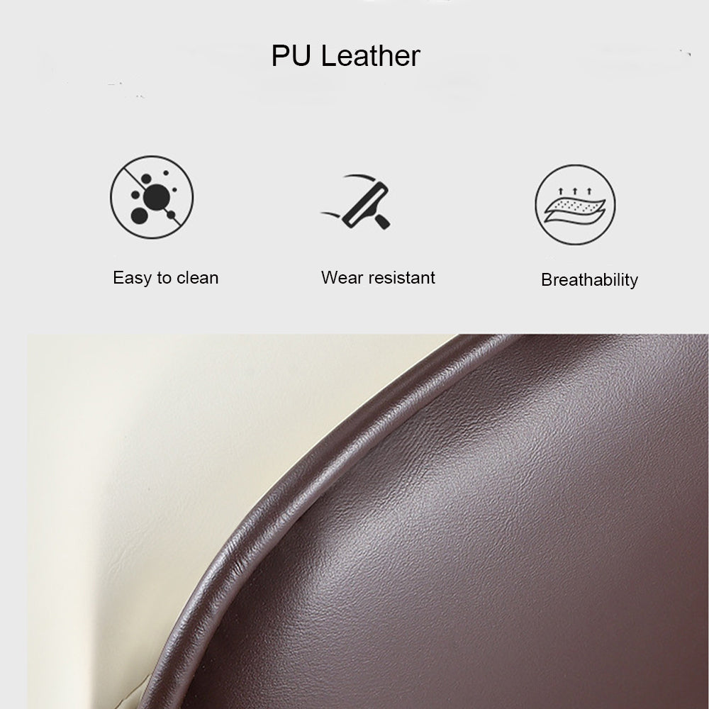 PU leather material details showcasing its easy-to-clean, wear-resistant, and breathable properties, often used for dining chairs. Common questions include 'What are the benefits of PU leather versus genuine leather?' and 'How durable is PU leather in high-traffic areas?