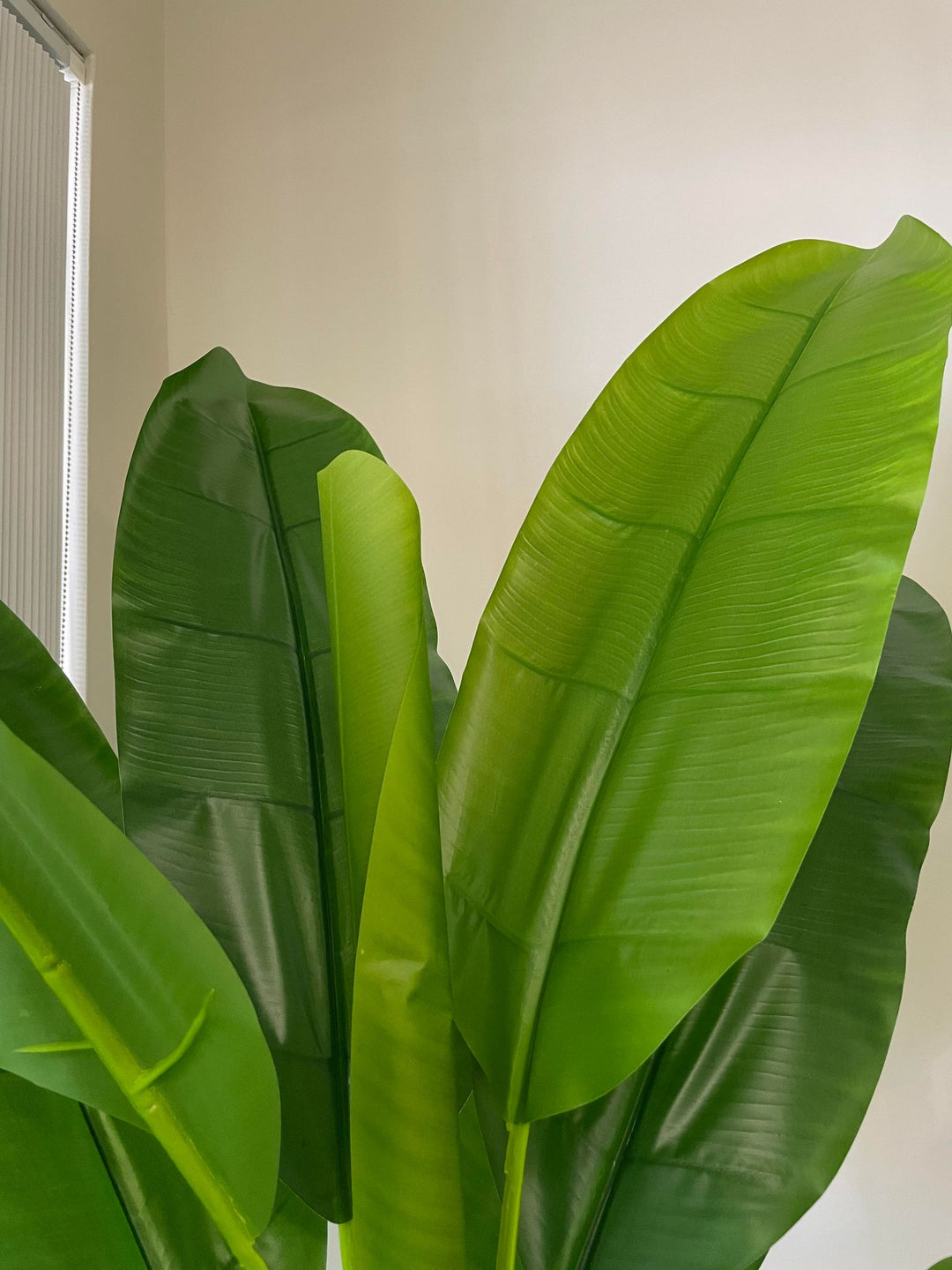 Close-up of lush, large artificial banana leaves with realistic texture and vibrant colors.