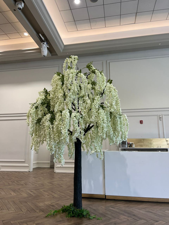 10ft wisteria tree with long white blooms displayed at a Toronto reception hall