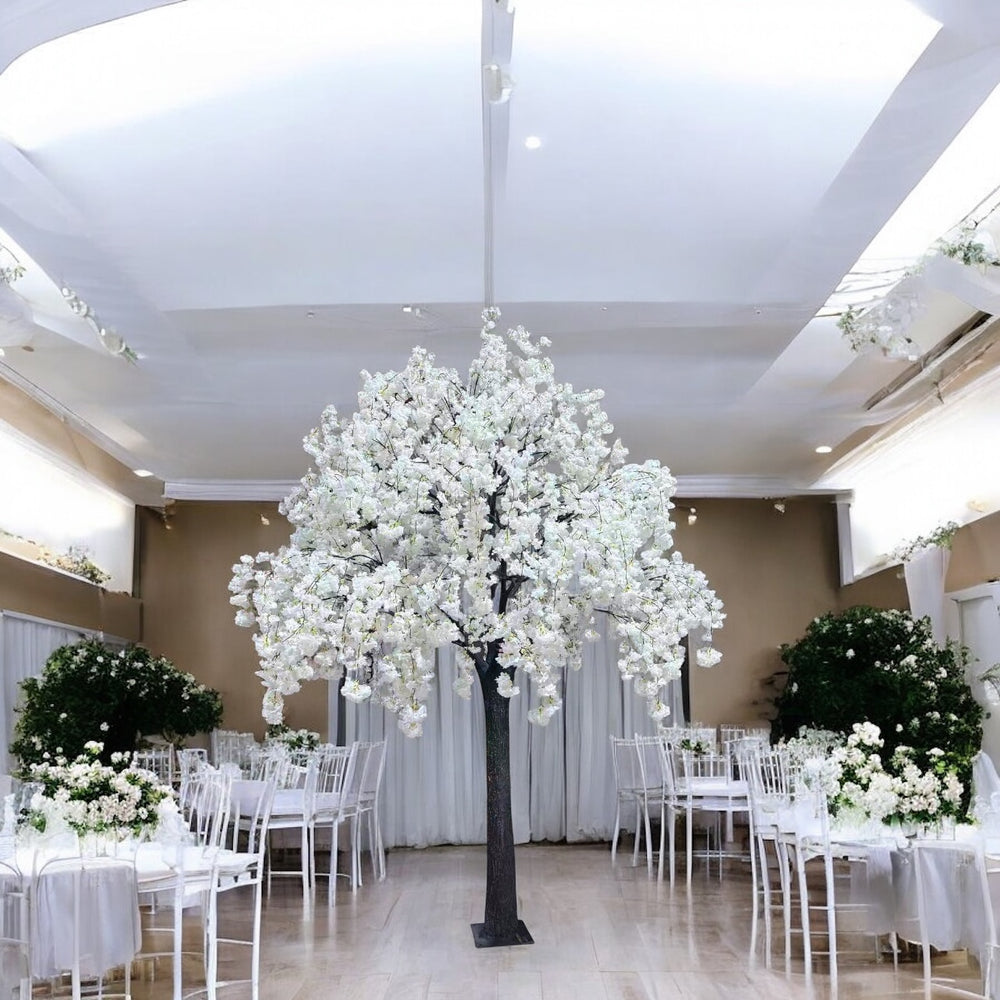 elegant white weeping cherry blossom display tree for upscale event styling.
